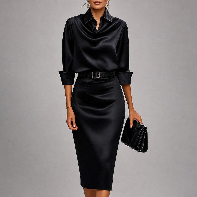 Satin Cowl Neck Collared Belted Midi Dress