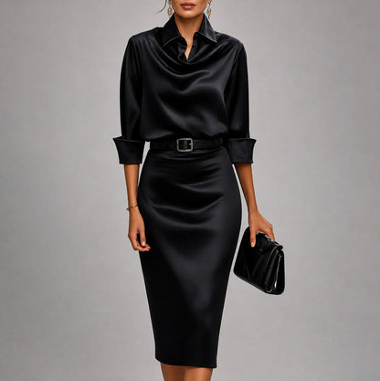 Satin Cowl Neck Collared Belted Midi Dress
