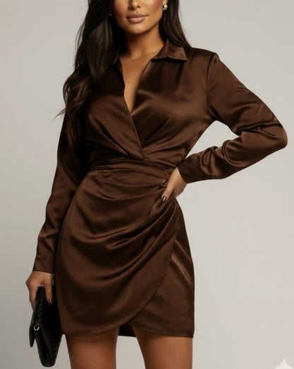 Satin Collared Long Sleeve Wrap Mini Dress