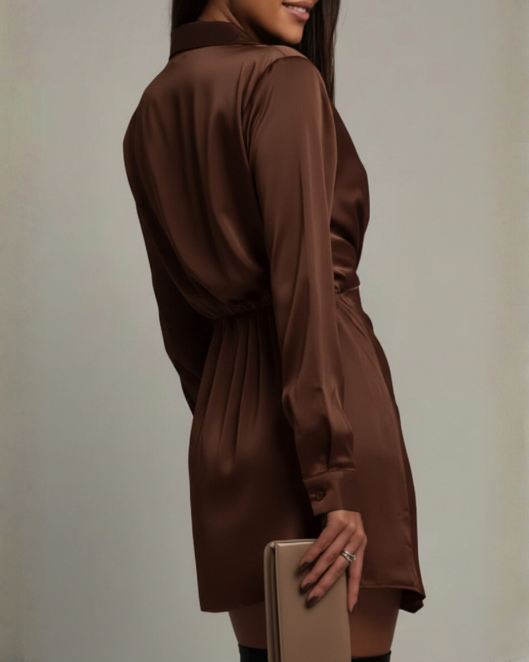 Satin Collared Long Sleeve Wrap Mini Dress