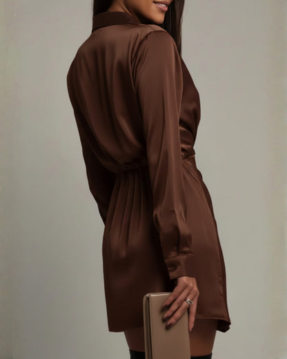 Satin Collared Long Sleeve Wrap Mini Dress