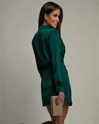 Satin Collared Long Sleeve Wrap Mini Dress