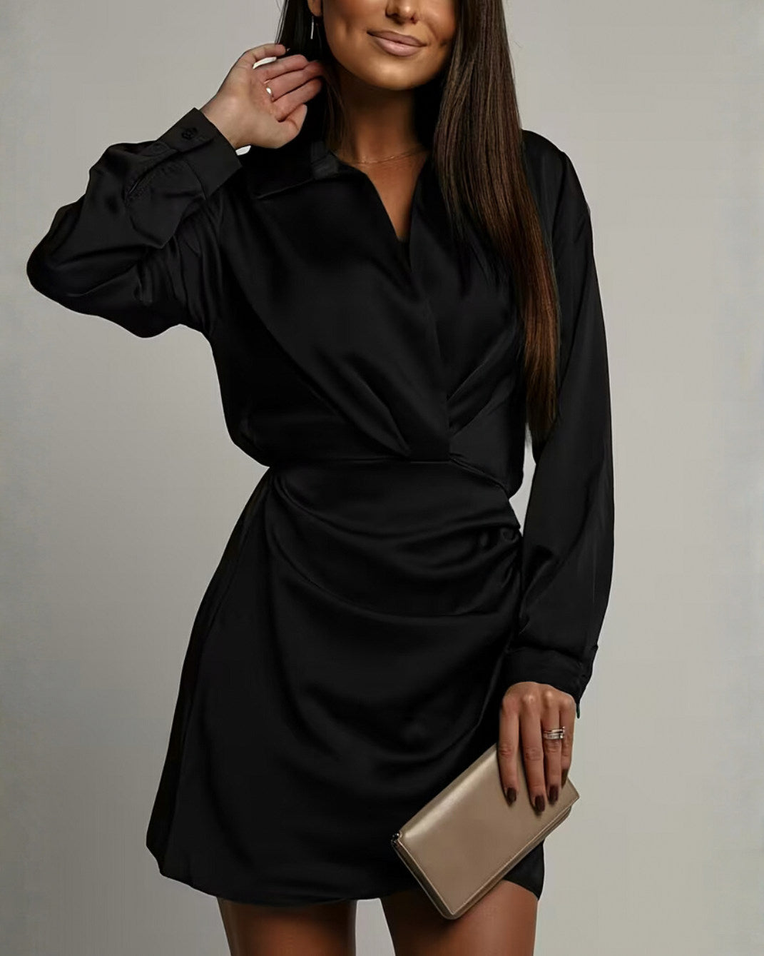 Satin Collared Long Sleeve Wrap Mini Dress