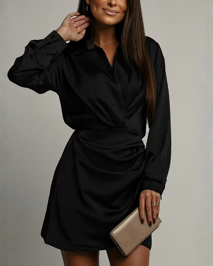 Satin Collared Long Sleeve Wrap Mini Dress