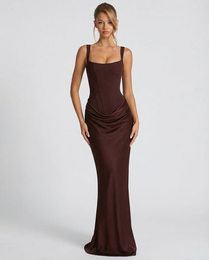 Satin Corset Square Neck Draped Maxi Dress