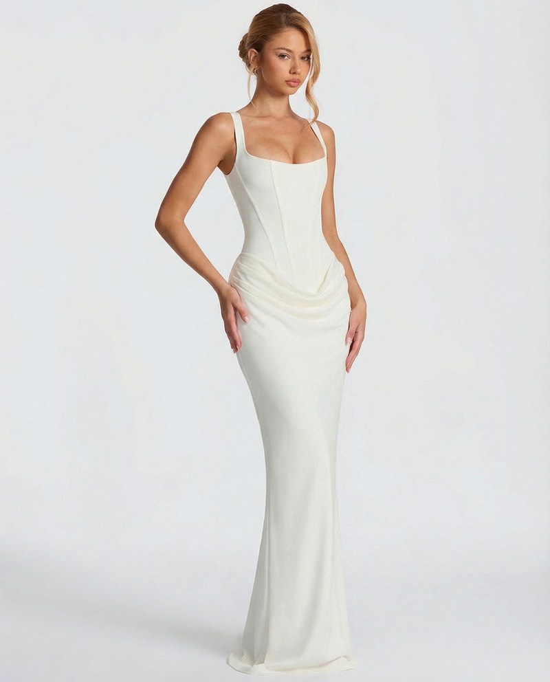 Satin Corset Square Neck Draped Maxi Dress