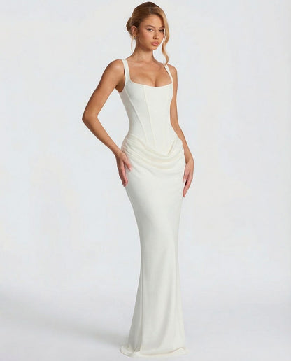 Satin Corset Square Neck Draped Maxi Dress