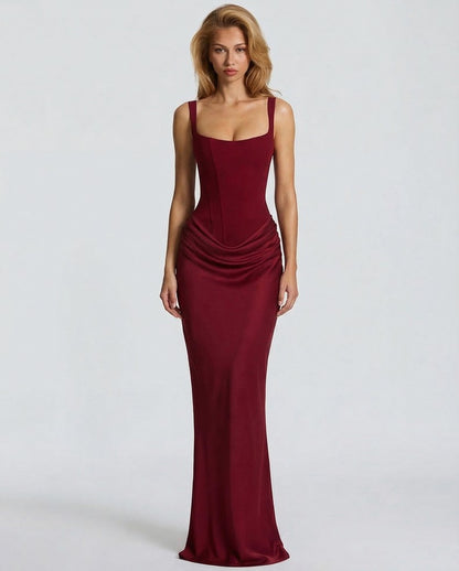 Satin Corset Square Neck Draped Maxi Dress