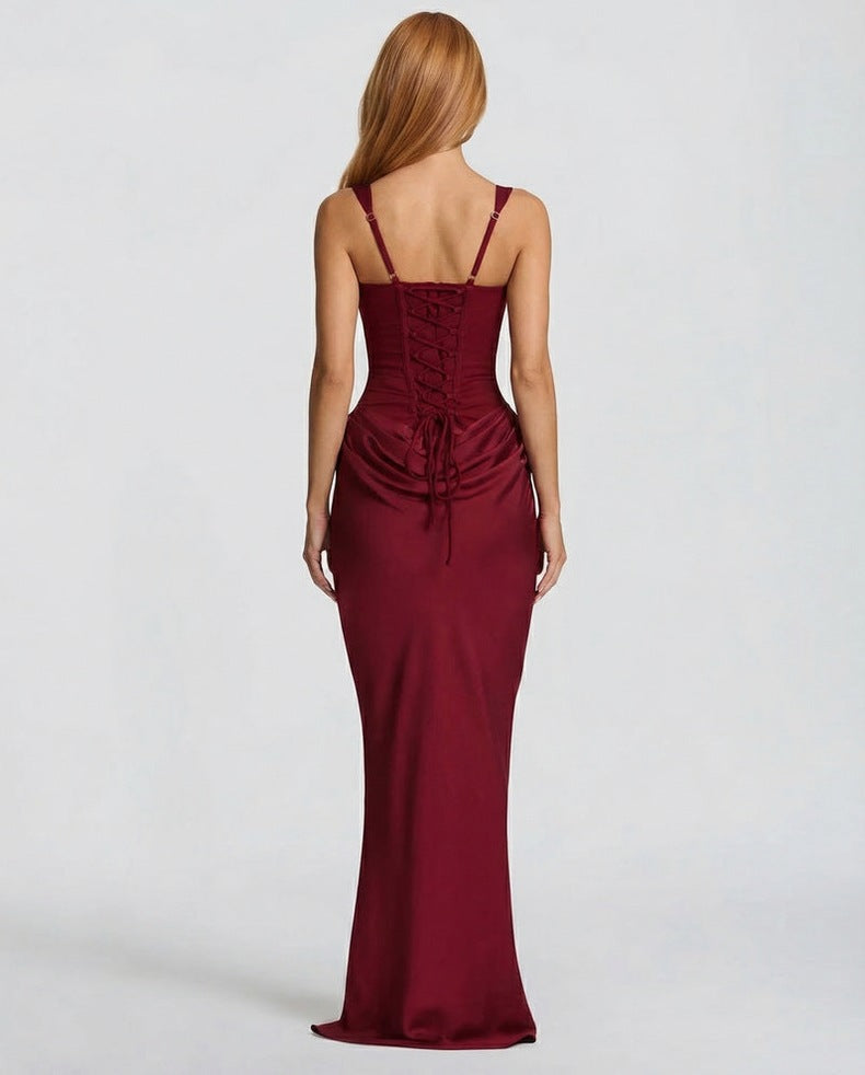Satin Corset Square Neck Draped Maxi Dress