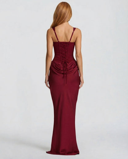 Satin Corset Square Neck Draped Maxi Dress