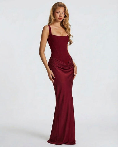 Satin Corset Square Neck Draped Maxi Dress