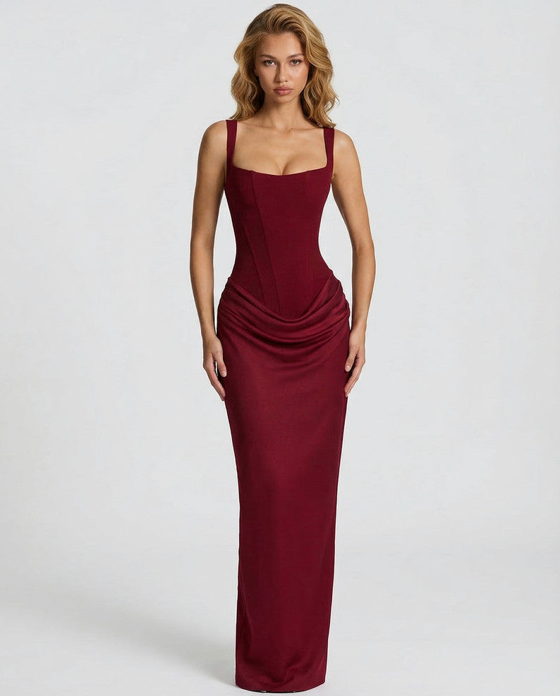 Satin Corset Square Neck Draped Maxi Dress