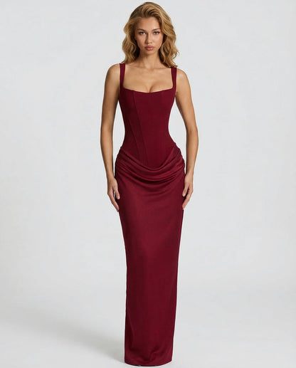 Satin Corset Square Neck Draped Maxi Dress
