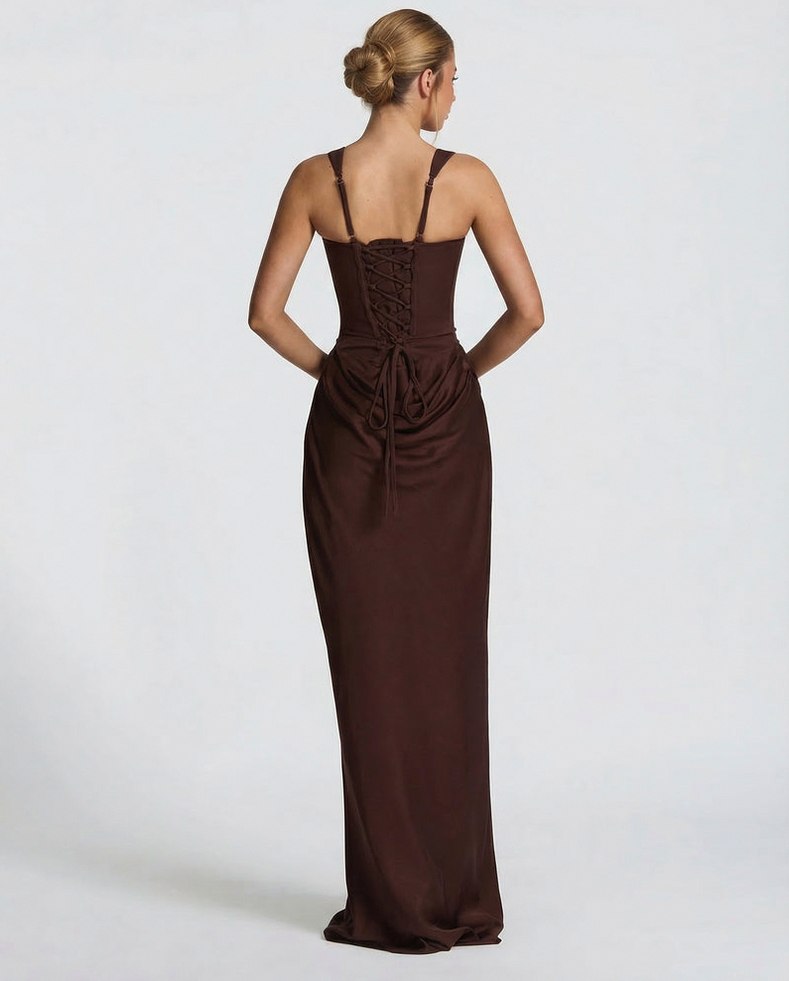 Satin Corset Square Neck Draped Maxi Dress