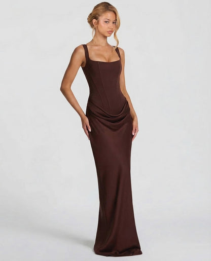 Satin Corset Square Neck Draped Maxi Dress