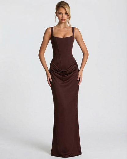 Satin Corset Square Neck Draped Maxi Dress