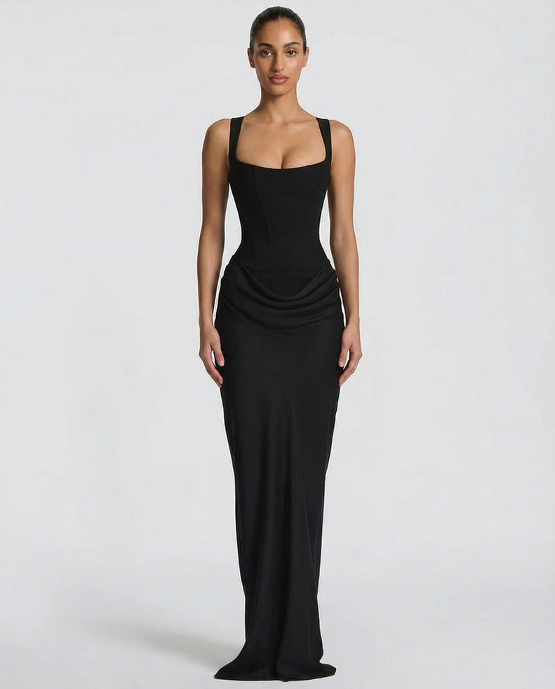 Satin Corset Square Neck Draped Maxi Dress