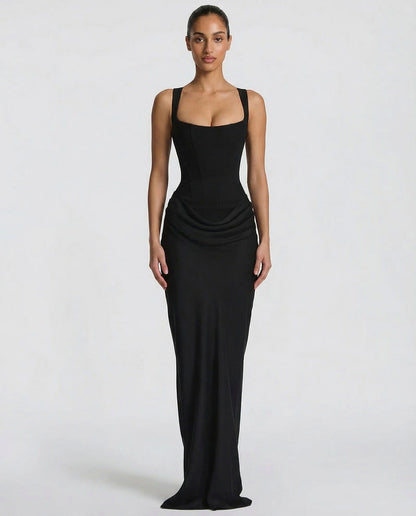Satin Corset Square Neck Draped Maxi Dress