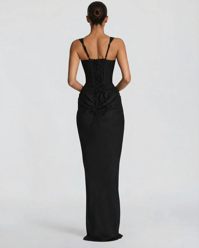 Satin Corset Square Neck Draped Maxi Dress