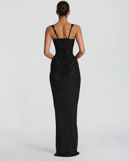 Satin Corset Square Neck Draped Maxi Dress