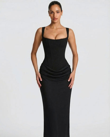 Satin Corset Square Neck Draped Maxi Dress