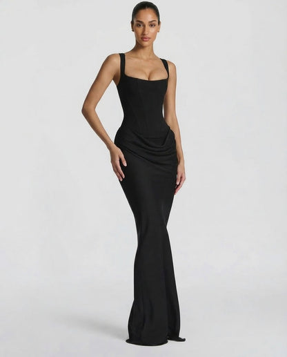 Satin Corset Square Neck Draped Maxi Dress