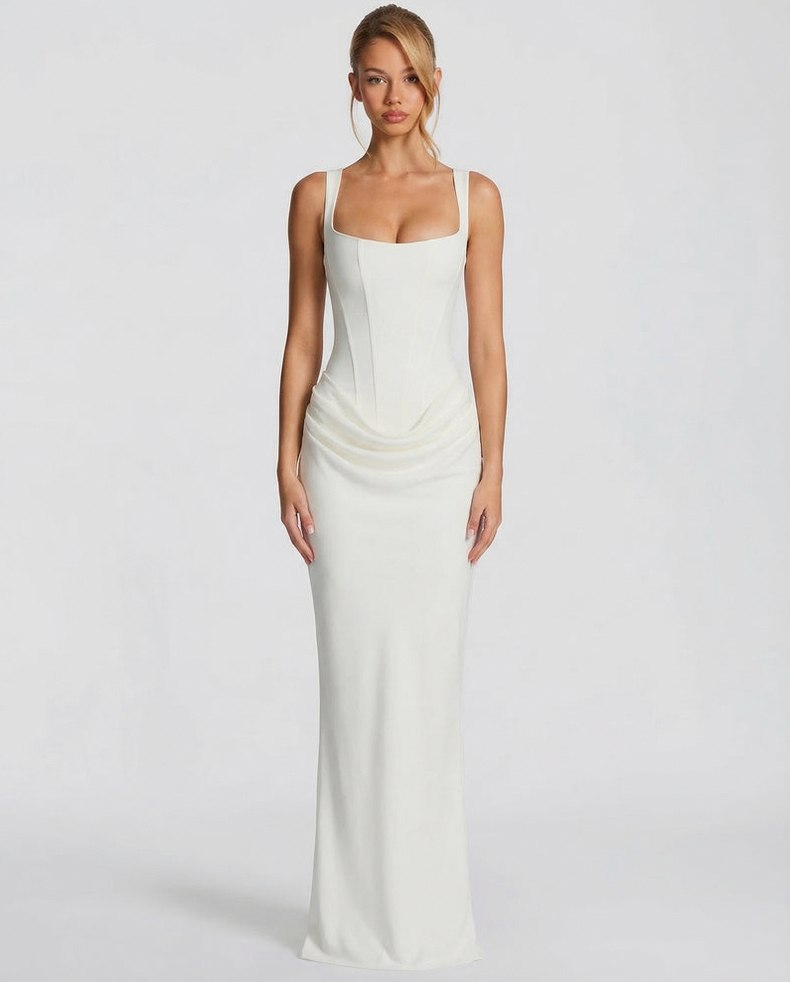 Satin Corset Square Neck Draped Maxi Dress