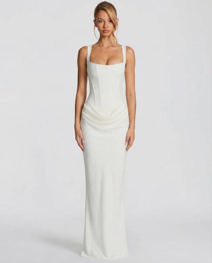 Satin Corset Square Neck Draped Maxi Dress