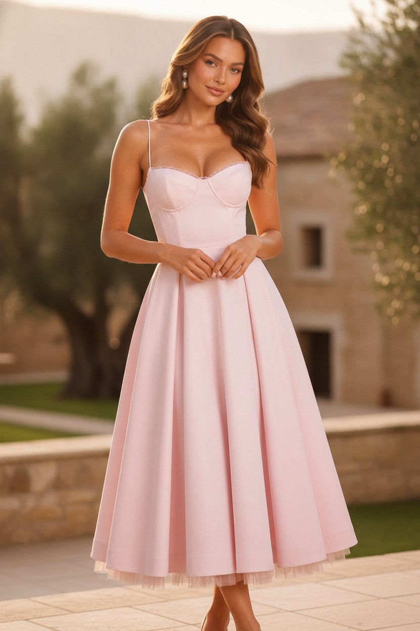 Satin Corset Tulle Trim Midi Dress
