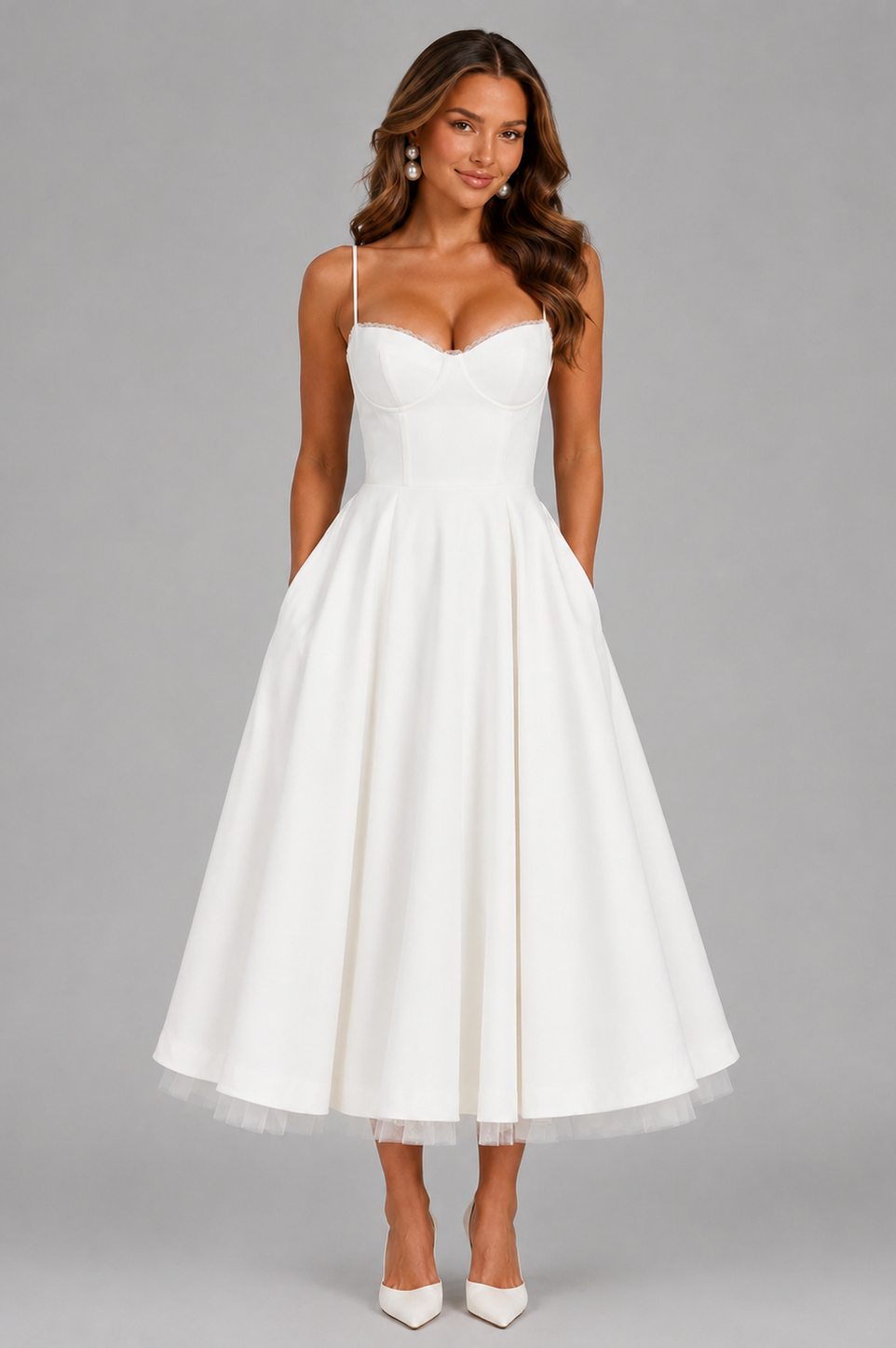 Satin Corset Tulle Trim Midi Dress
