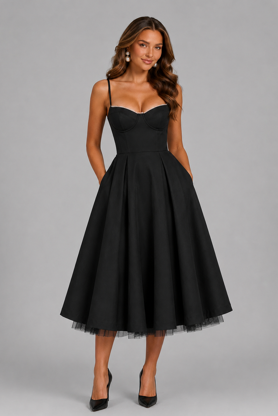 Satin Corset Tulle Trim Midi Dress