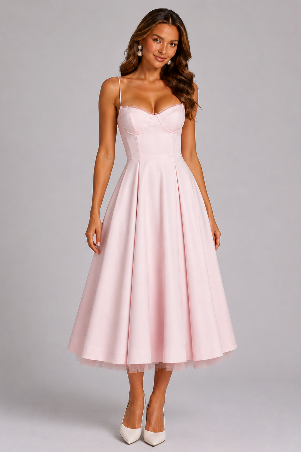 Satin Corset Tulle Trim Midi Dress