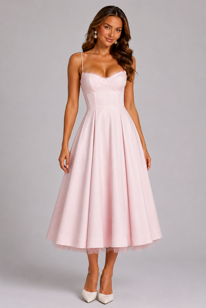 Satin Corset Tulle Trim Midi Dress