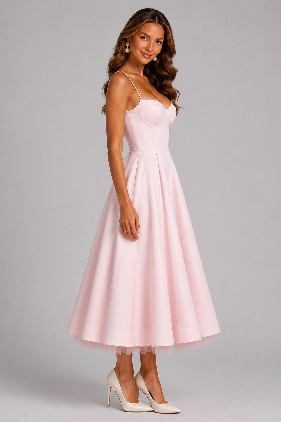 Satin Corset Tulle Trim Midi Dress