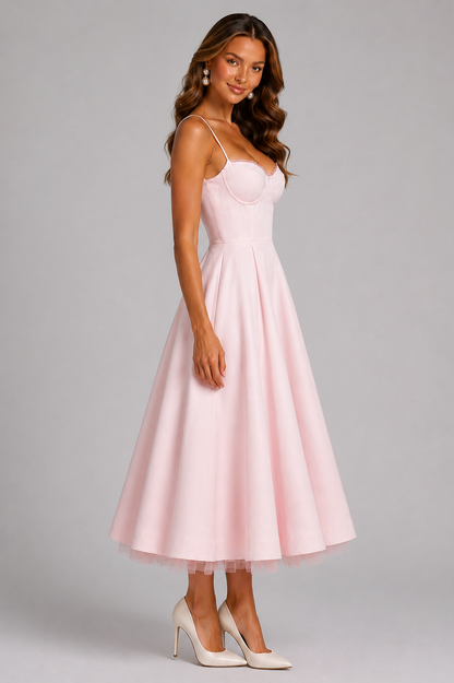 Satin Corset Tulle Trim Midi Dress