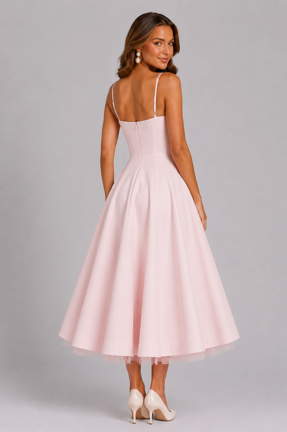 Satin Corset Tulle Trim Midi Dress
