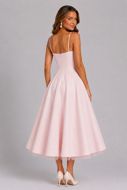 Satin Corset Tulle Trim Midi Dress
