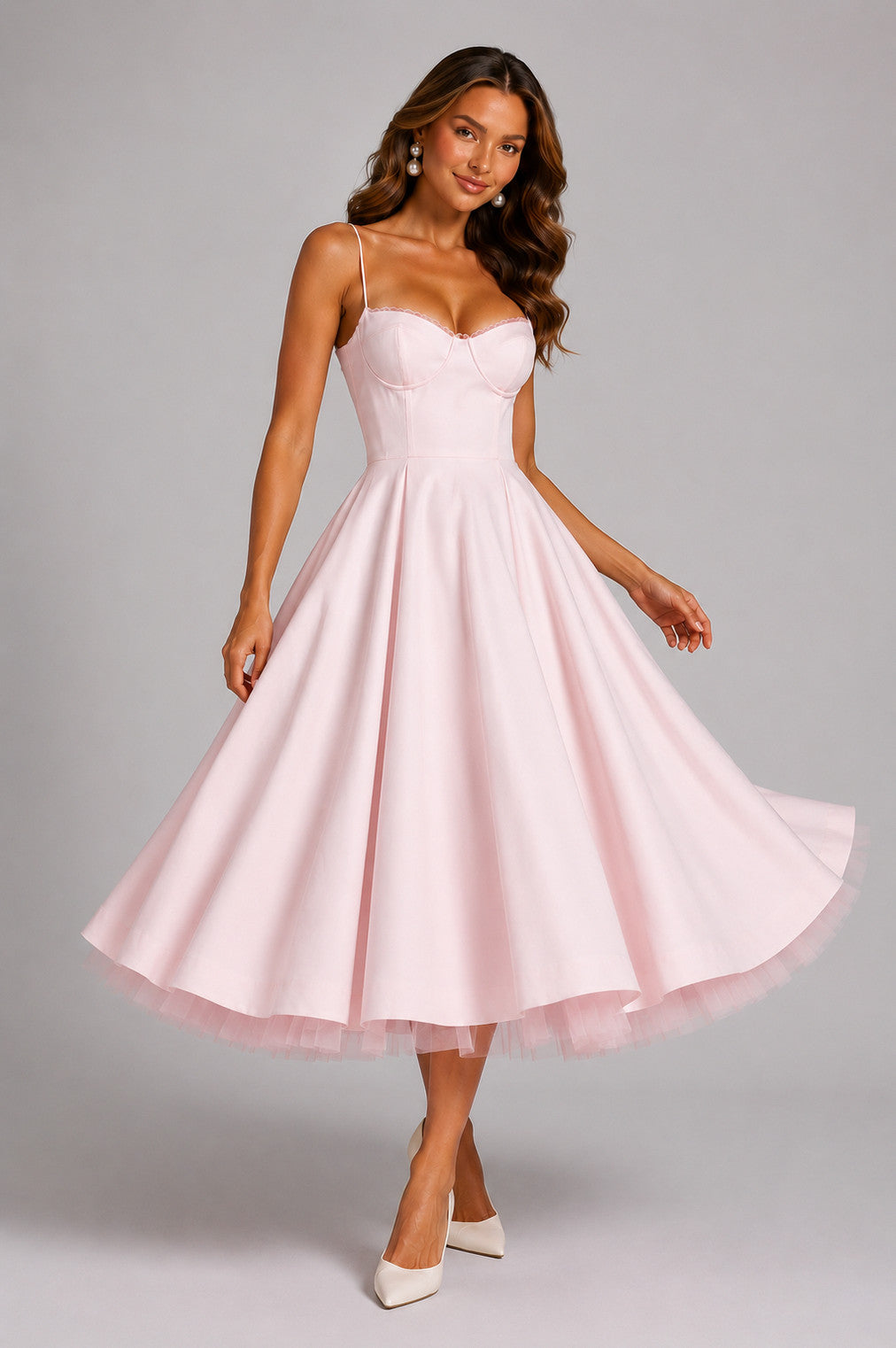 Satin Corset Tulle Trim Midi Dress