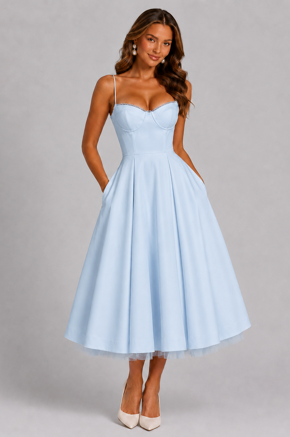 Satin Corset Tulle Trim Midi Dress
