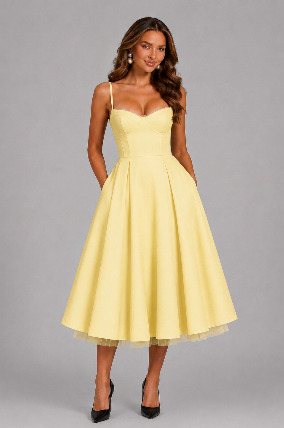Satin Corset Tulle Trim Midi Dress