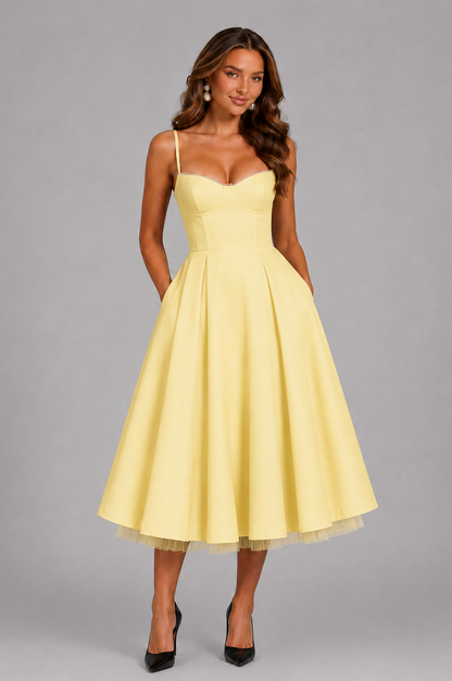 Satin Corset Tulle Trim Midi Dress