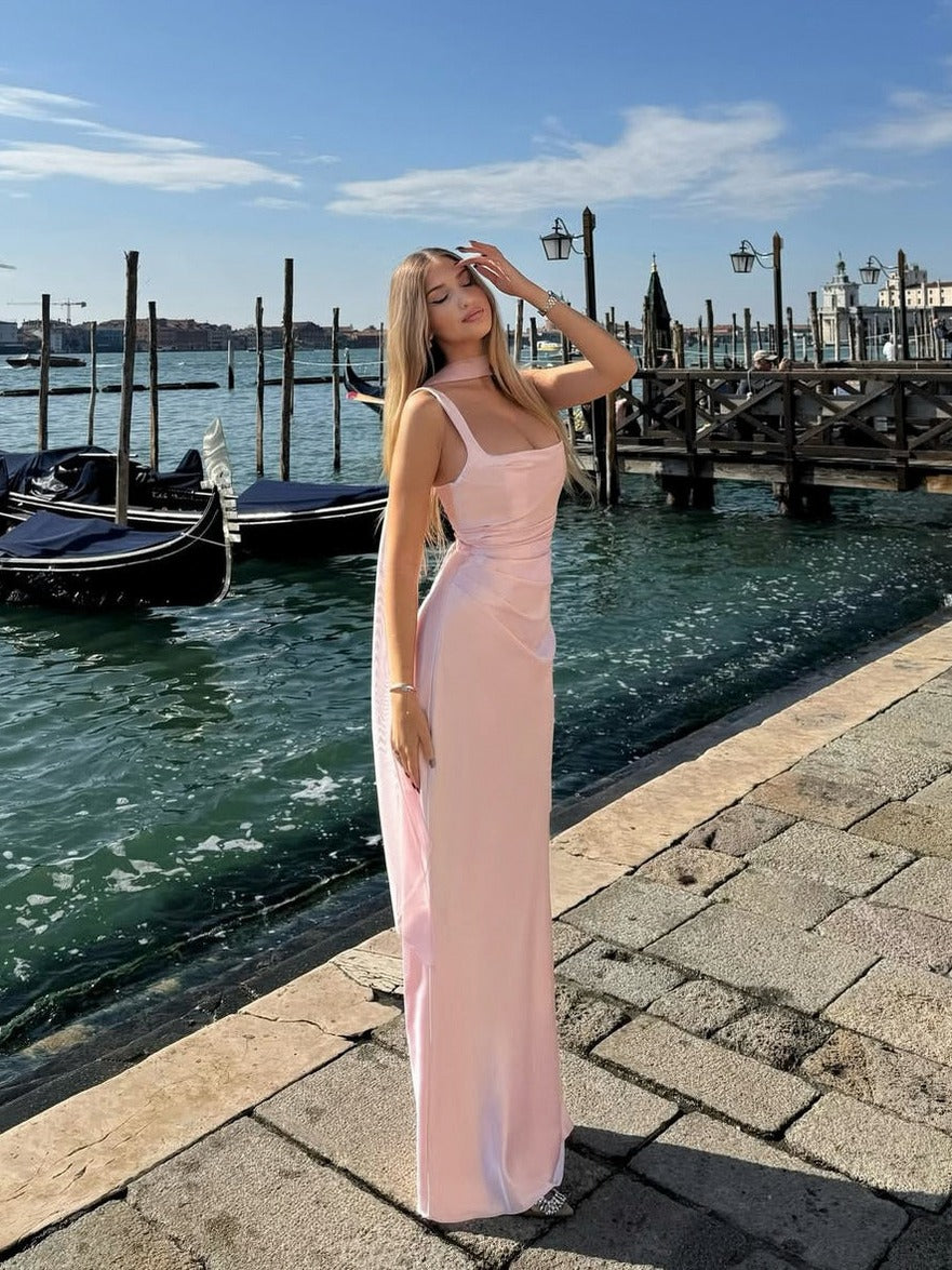 Satin Cowl Neck Ruched Midi Dress