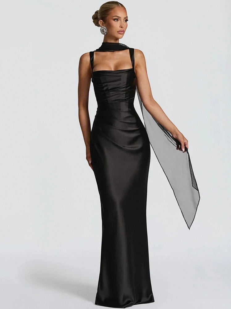 Satin Cowl Neck Ruched Midi Dress