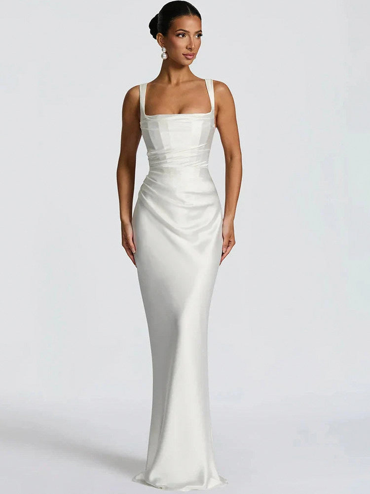 Satin Cowl Neck Ruched Midi Dress