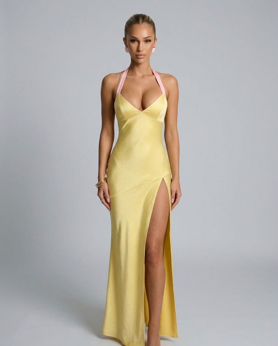 Satin Halter Cutout Maxi Dress