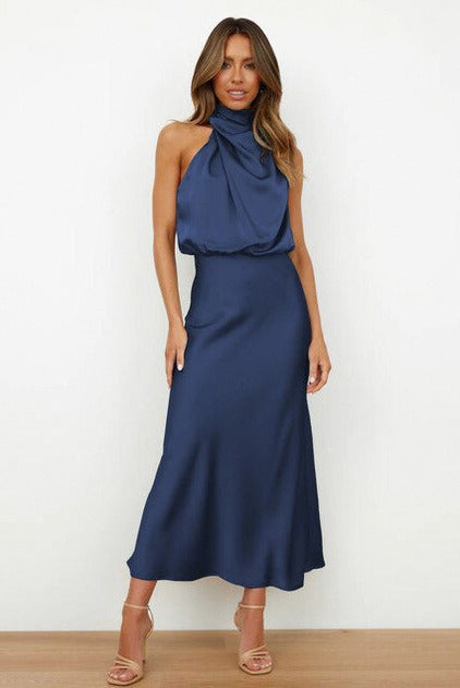 Satin Halter Draped Midi Dress
