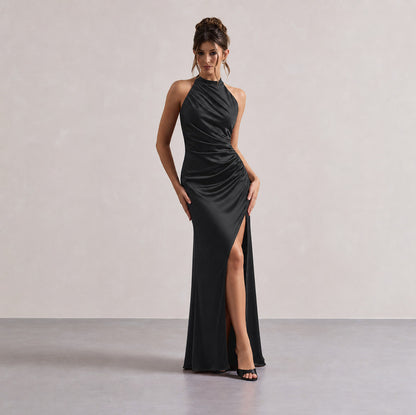 Satin Halter Slit Maxi Dress