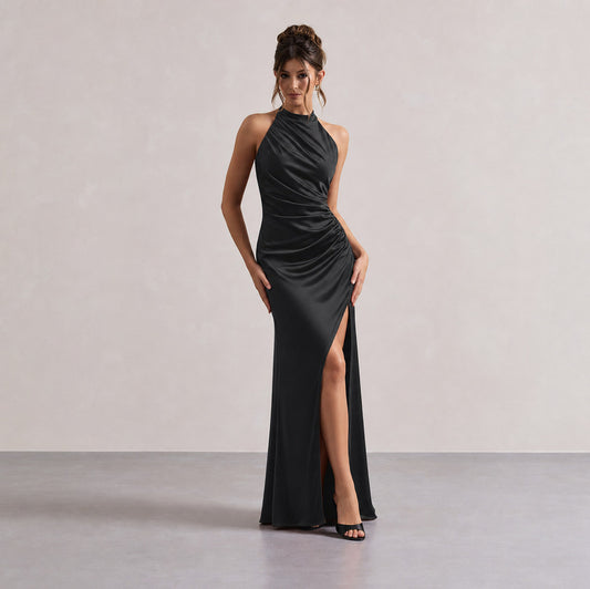 Satin Halter Slit Maxi Dress