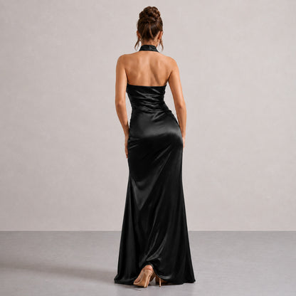 Satin Halter Slit Maxi Dress