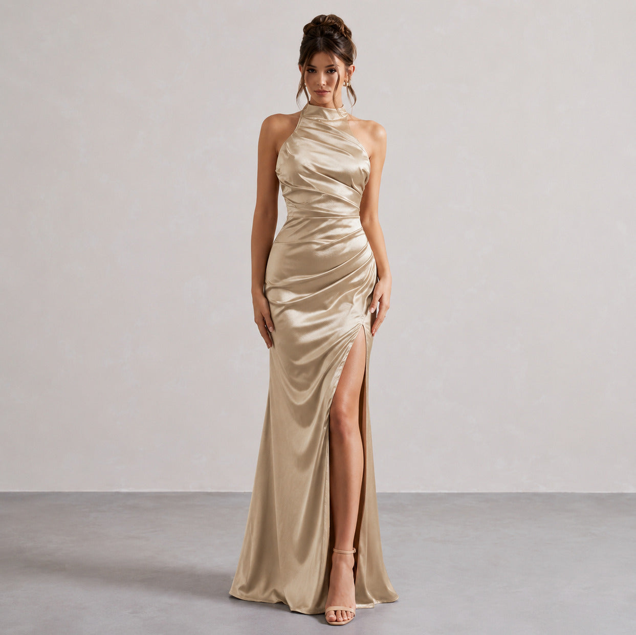 Satin Halter Slit Maxi Dress